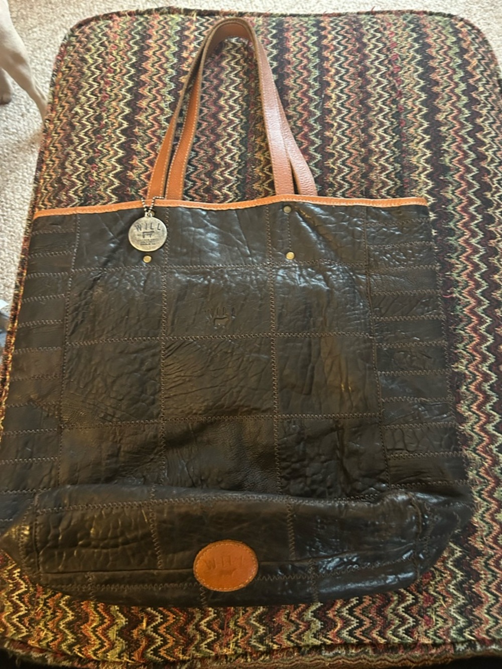 Will Leather Goods Black Patchwork Leather Tote with Brown Handles